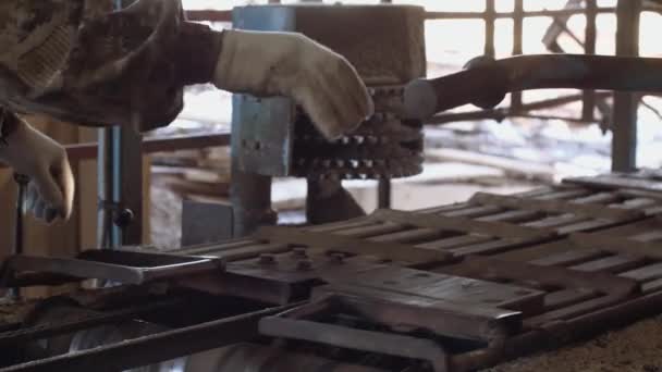 Obras de carpinteiro em máquina de serra industrial com tronco de madeira — Vídeo de Stock