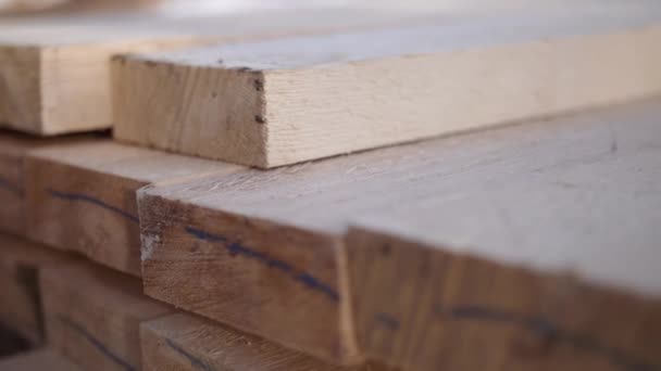 Ahşap tesisi bahçesinde depolanan paketlenmiş kereste tahta yığını — Stok video