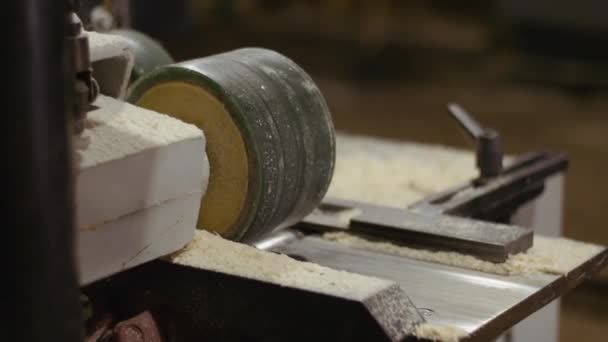 Träskiva som kör ut snickare rikthyvel maskinen sågverk fabriken — Stockvideo