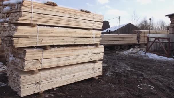 Högar av packade virke plankor lagras i gården av sågverk — Stockvideo
