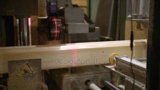 Houtbewerking machine maakt furrow op houten blok bij de faciliteit van de zagerij — Stockvideo