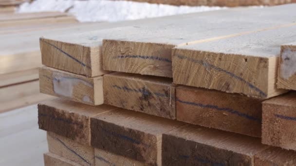 Stapel voll gepackter Holzplanken liegen im Hof der Holzverarbeitung — Stockvideo