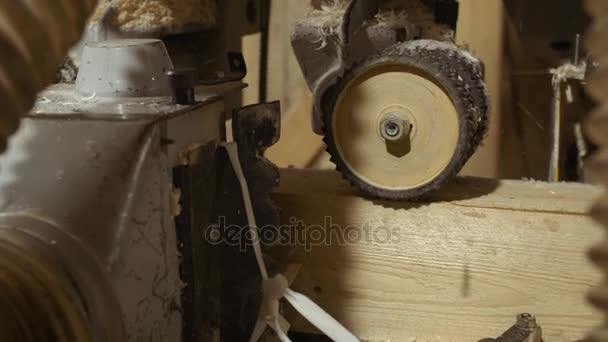 Wood block grinding in woodwork jointer machine at sawmill factory — Stock Video