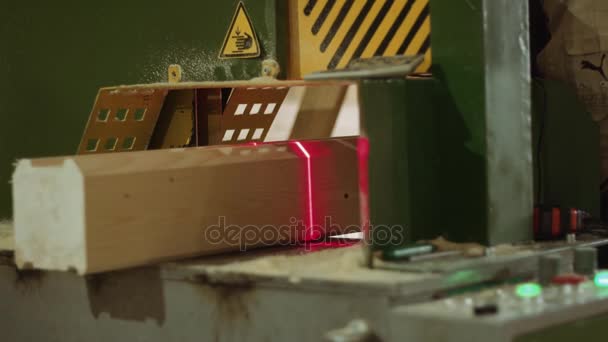 Schrijnwerker zet houten bar in precieze snijmachine met laseraanwijzer — Stockvideo