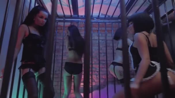 Sexiga unga flickor engagerande danser i svarta underkläder i natt club bur — Stockvideo
