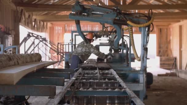 Travailleur du bois travaille sur établi à la scierie, coupe du bois — Video