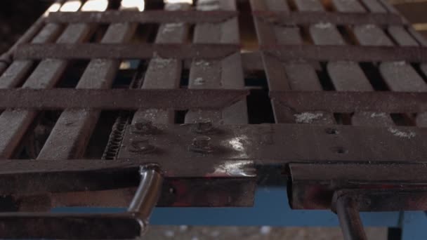 Carpenter working on industrial saw at sawmill, cutting wood — Stock Video