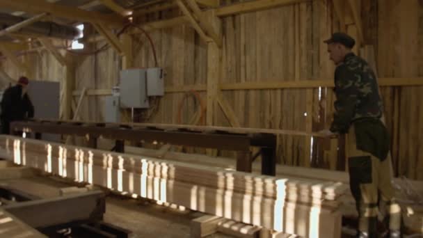 Houtbewerkers zet houten bord op jointer machine bij hout-molen — Stockvideo