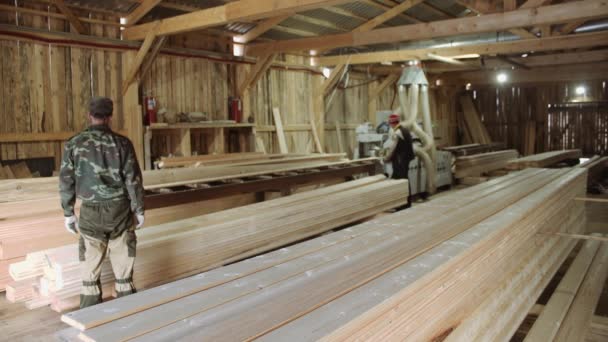 Los trabajadores llevan tablones de madera lo ponen en pilas en el aserradero — Vídeos de Stock