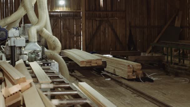 Les chargeuses transportent les planches de bois de jointer le met en pieux à la scierie — Video