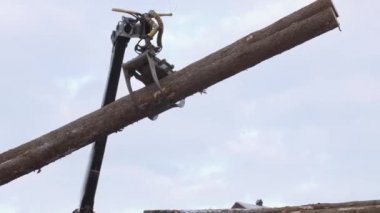 Vinç kolu yükleyici kereste fabrikasında ağır kamyon ahşap günlükleri kaldırır