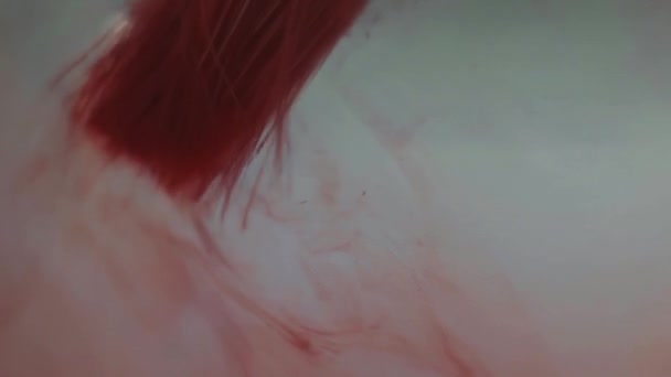 Schöne rote Farbe Farbe Farbe Form Wirbel des Pinsels im Wasser — Stockvideo