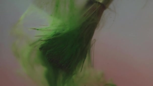 Beautiful green color paint cloudd floating of brush in water — Stock Video