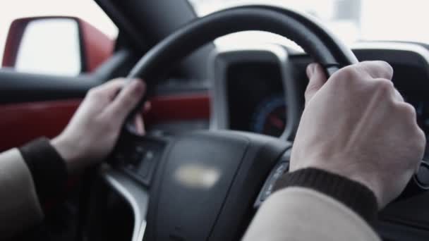 Man armen op stuurwiel rijden dure auto op heldere dag — Stockvideo