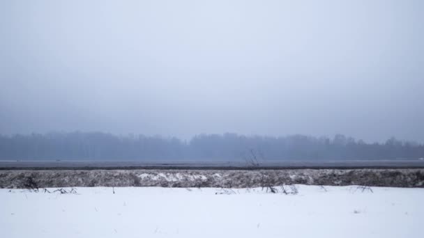 Красная мышечная машина едет по шоссе в окружении полей, покрытых снегом — стоковое видео