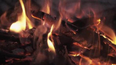Yakacak odun yanan alev kamp ateşi yığınının içinde sallayarak