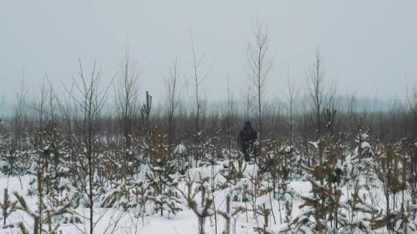 Jeune homme marchant sur la neige couvert prairie arbuste le jour de l'hiver — Video
