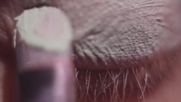 Mädchen trägt Foundation Make-up Creme auf Augenlid mit kleinem Pinsel auf — Stockvideo