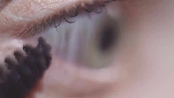 Mädchen mit grünen Augen trägt schwarze Kosmetikmascara auf der Wimper auf — Stockvideo