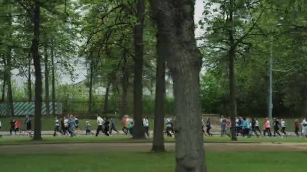 Marat çalışan şehir parkta ağaçların arkasında atletik insan kalabalığı — Stok video