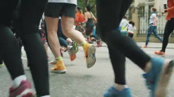 Pies de atletas corriendo que participan en maratón — Vídeo de stock