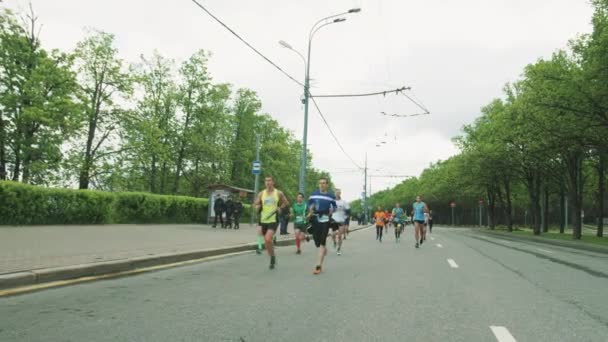 Grupo de homens esportivos correndo maratona na estrada da cidade ao longo de ônibus st — Vídeo de Stock