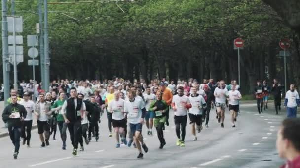 Huddle de atletas deportivos corriendo maratón en carretera a la par de la ciudad — Vídeos de Stock