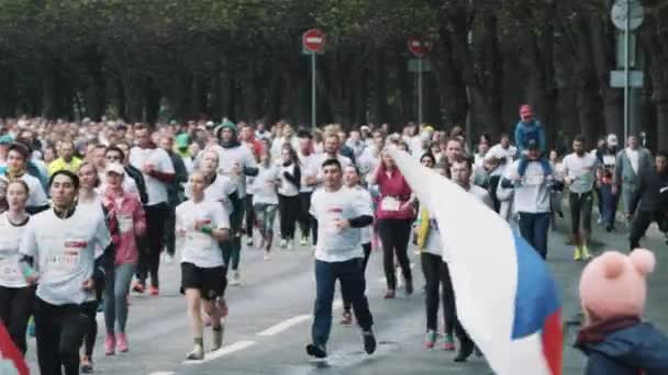 Crowd of healthy joggers running marathon on road at city park — Stock Video