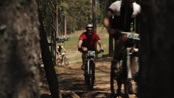 Biciclisti che corrono nella foresta dietro gli alberi sulla strada polverosa — Video Stock