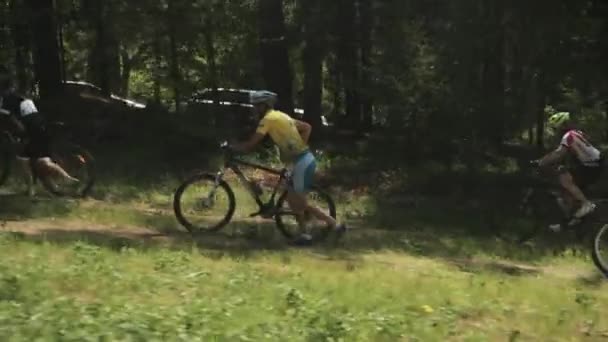 Bicyclists racers climbing up hill in forest — Stock Video