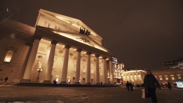 Przechodzących naprzeciwko budynku na zimową noc teatru ludzi — Wideo stockowe