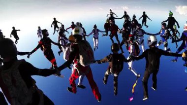 Skydivers ekibi mavi gökyüzünde oluşumu olun. Yüksekliği. Aşırı spor. Rüzgar.