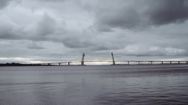 Suspension highway bridge over sea gulf — Stock Video
