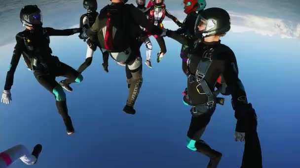 Αλεξιπτωτιστές πηδούν από αεροπλάνο. Κάνουν σχηματισμό στο μπλε του ουρανού. Ακραίο άθλημα. Ηλιοφάνεια — Αρχείο Βίντεο