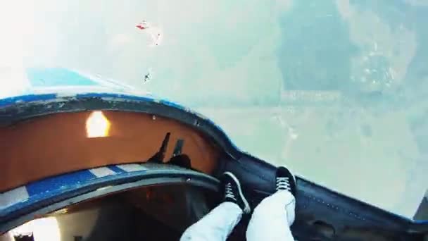 Skydiver springen uit het vliegtuig in de lucht. Extreme sport. Adrenaline. Hoogte. Vlucht. — Stockvideo