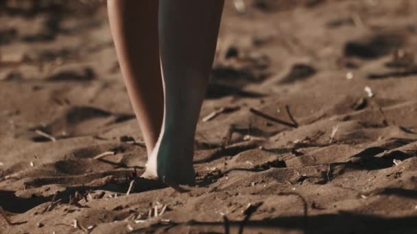 Joven mujer sexy en pareo pies desnudos pisando la arena de la playa — Vídeo de stock