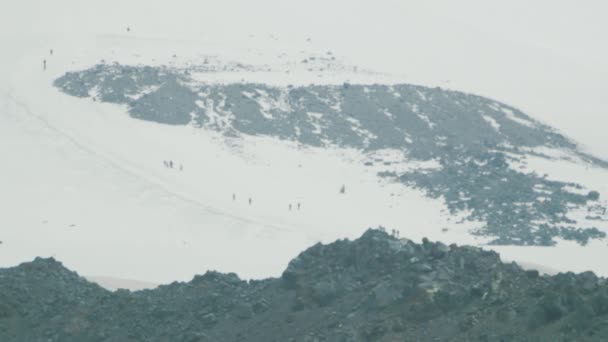 高さの雪に覆われた山の斜面の上を歩く人登山観光客 — ストック動画