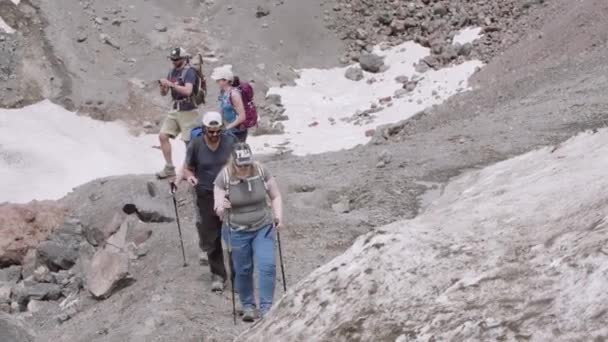 Groep toeristen met wandelstokken wandelen op hoogteweg — Stockvideo