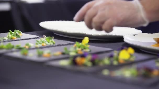Decorazione di piatti rettangolari neri mettendo piccoli fiori colorati su di loro — Video Stock