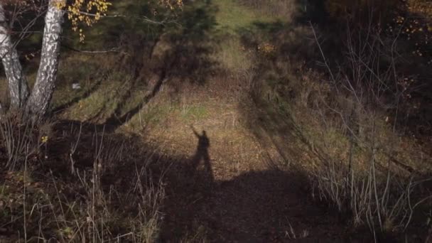 Ombra Mans è su terreno marrone, coperto con erba secca e foglie gialle cadute — Video Stock