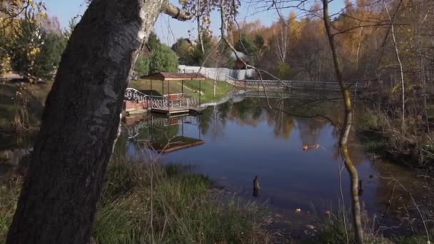 Maravilloso de zona rural con hermoso estanque, casas a su alrededor, ambiente otoñal — Vídeos de Stock