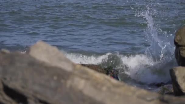 Underbar natur med tom stenig strand med fallande vågor på solig dag. — Stockvideo