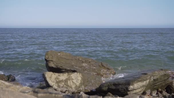 바람부는 여름날 해안에 파도가 떨어지는 아름다운 해안선 풍경. — 비디오