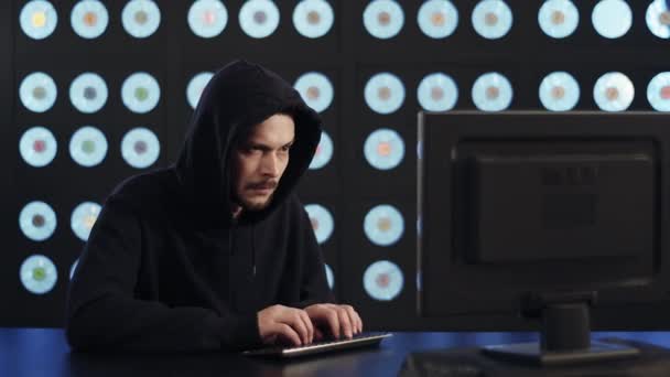 Bearded Adult Caucasian Man Computer Hacker Wearing Black Hoodie Sitting — Stock Video