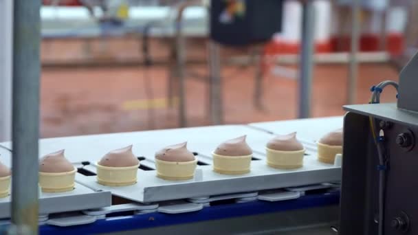 Fábrica Gelados Trabalhador Luvas Borracha Classifica Coloca Copos Waffle Transportador — Vídeo de Stock