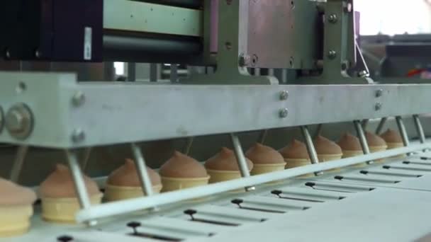 Jégkrém Gyár Ostyák Szállítószalag Mentén Mozognak — Stock videók