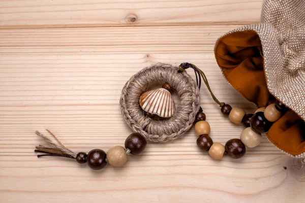 Handmade wooden beads seashell pendant in ring tied