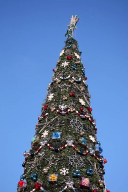 Noel Noel ağacı mavi gökyüzü arka plan üzerine dekore edilmiştir.