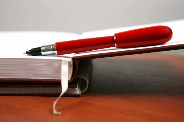 Червона ручка лежить на відкритому блокноті — стокове фото