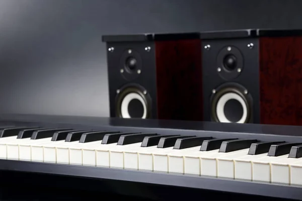 Дві стерео аудіодинаміки та клавіші піаніно крупним планом на темному фоні — стокове фото